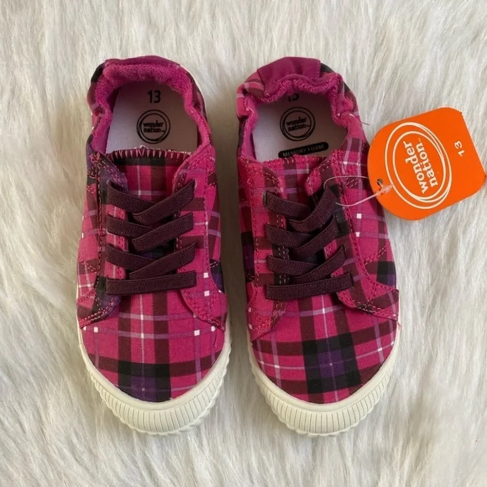 Wonder Nation Pink Plaid Slip‎ On Shoes Girls Size 13 Stretchy Back